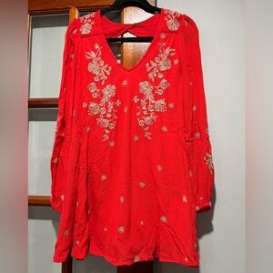 Free People Red Embroidered Mini Dress